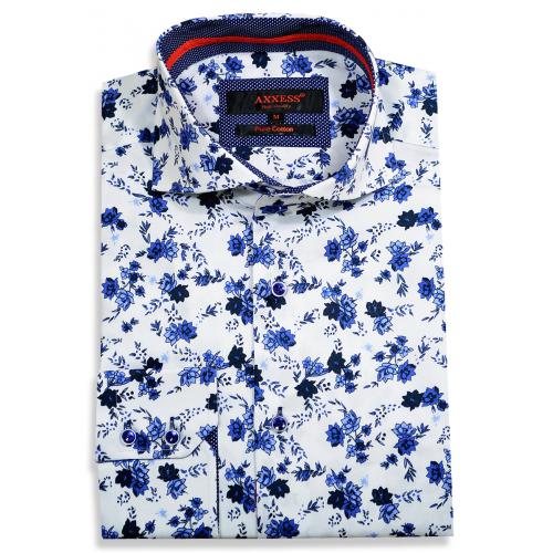 Axxess White / Blue Combo Floral Design Handpick Stitched Cotton Dress Shirt 198-08